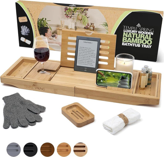Bamboo Bathtub Tray Caddy - Expandable Wood Bath Tray with Book Stand & Wine Holder | Luxury Spa Gift Set