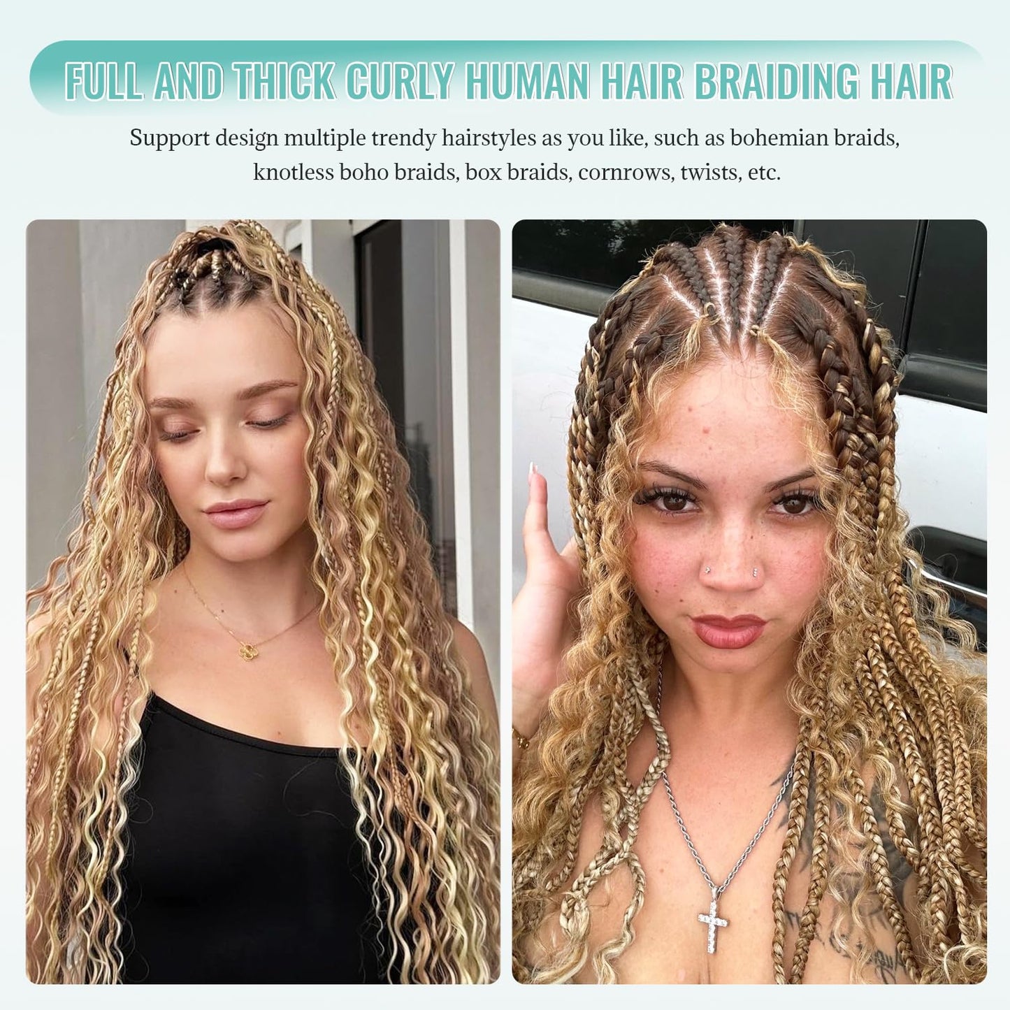Water Wave Bulk Human Hair for Boho Knotless Braids 18 Inch Ombre Color Strawberry Blonde with Bleach Blonde Highlights No Weft 2 Bundles 100G Deep Curly Micro Extensions for Braiding