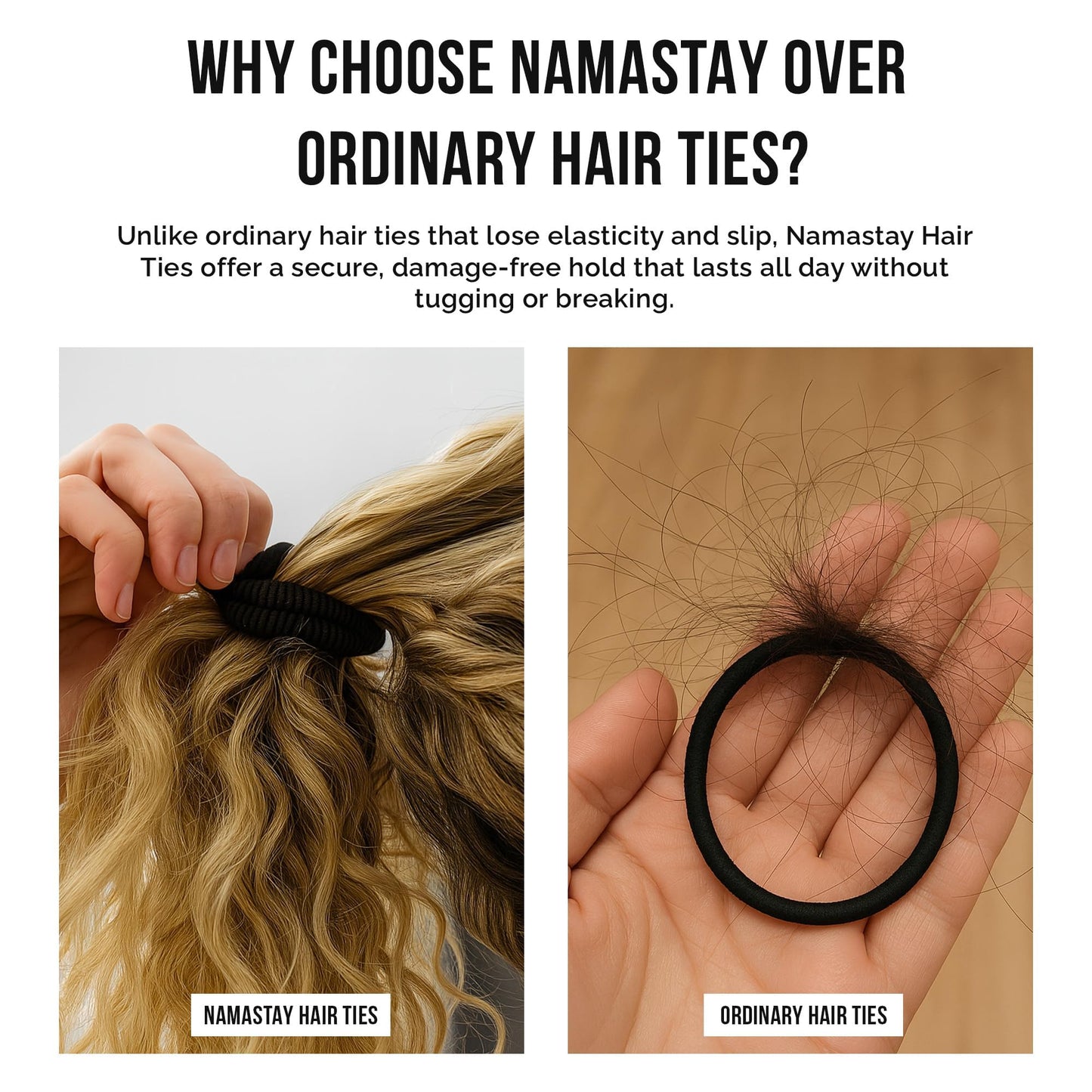 Namastay Hair Soft Elastic Hair Ties | No Damage Hair Ties for Thick Hair | Seamless, Non-Slip, Comfortable & Durable Elastic Hair Bands for Women's Hair | Unbreakable 12 Pc Black, Blonde & Brunette
