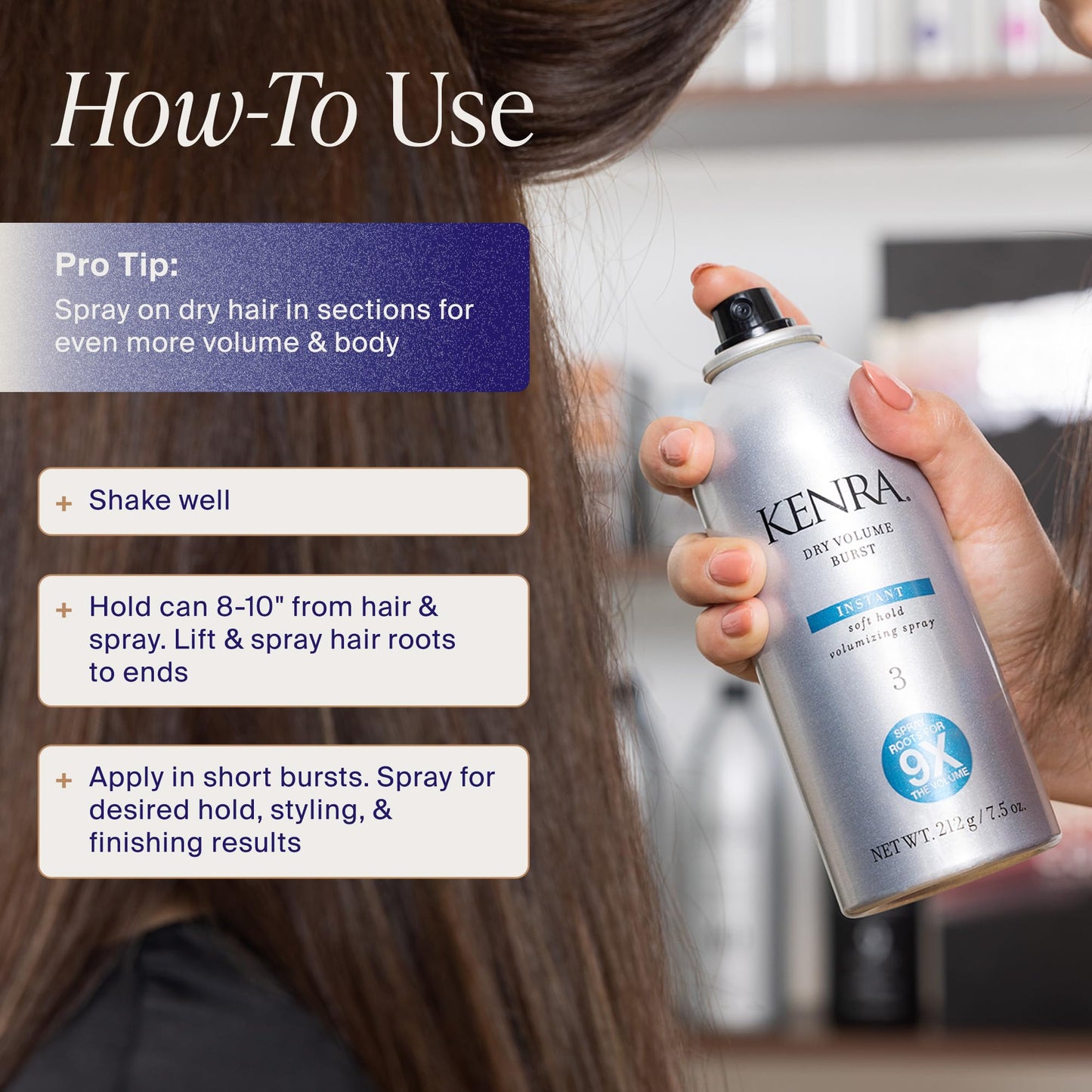 Kenra Professional Dry Volume Burst 3 | Instant Volume Hairspray | Soft Hold Volumizing Spray | Dry Application | All Hair Types | 7.5 oz