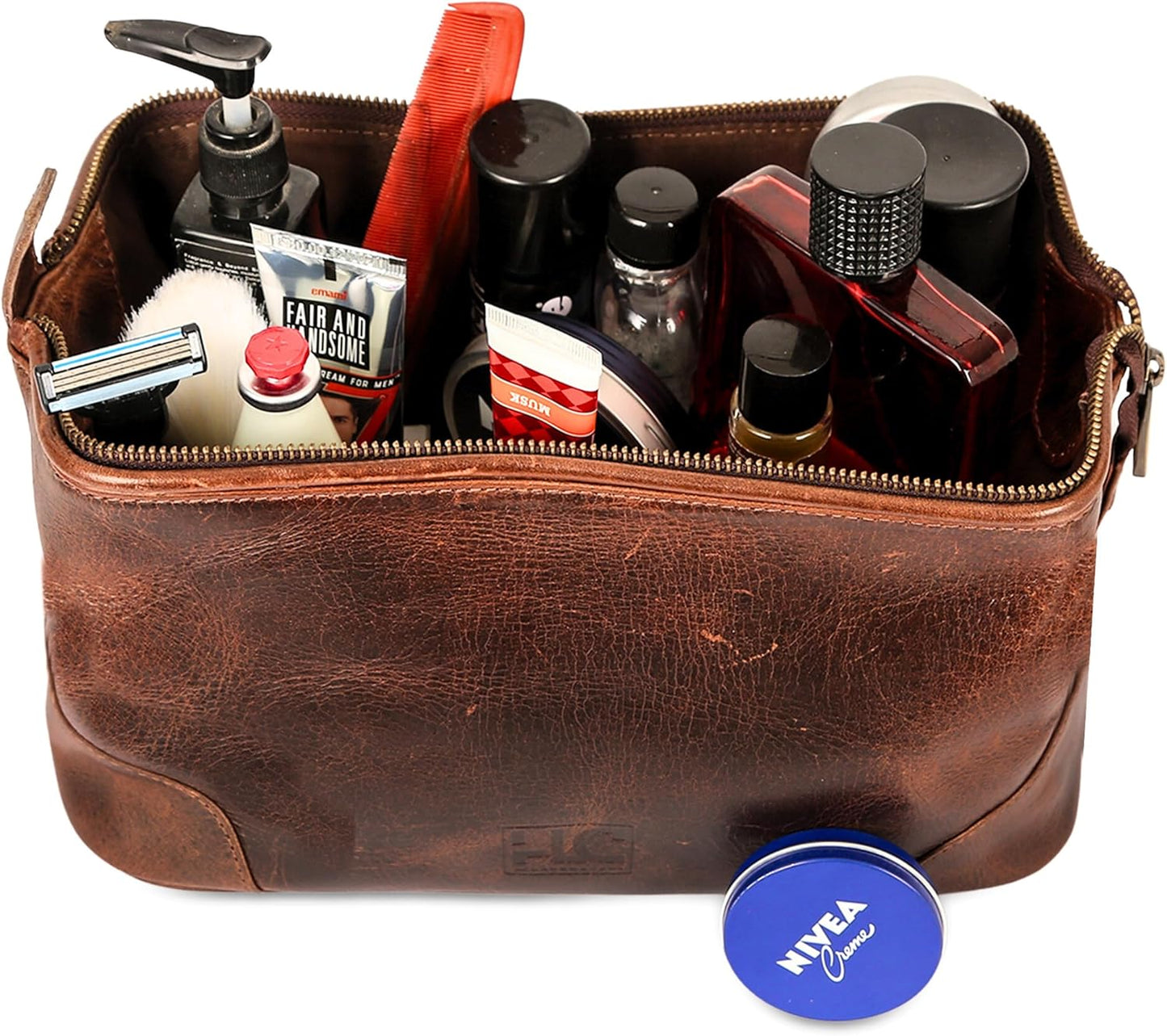 Genuine Leather Toiletry Bag for Men - Premium Dopp Kit Travel Organizer | 10-Inch Brown Pouch
