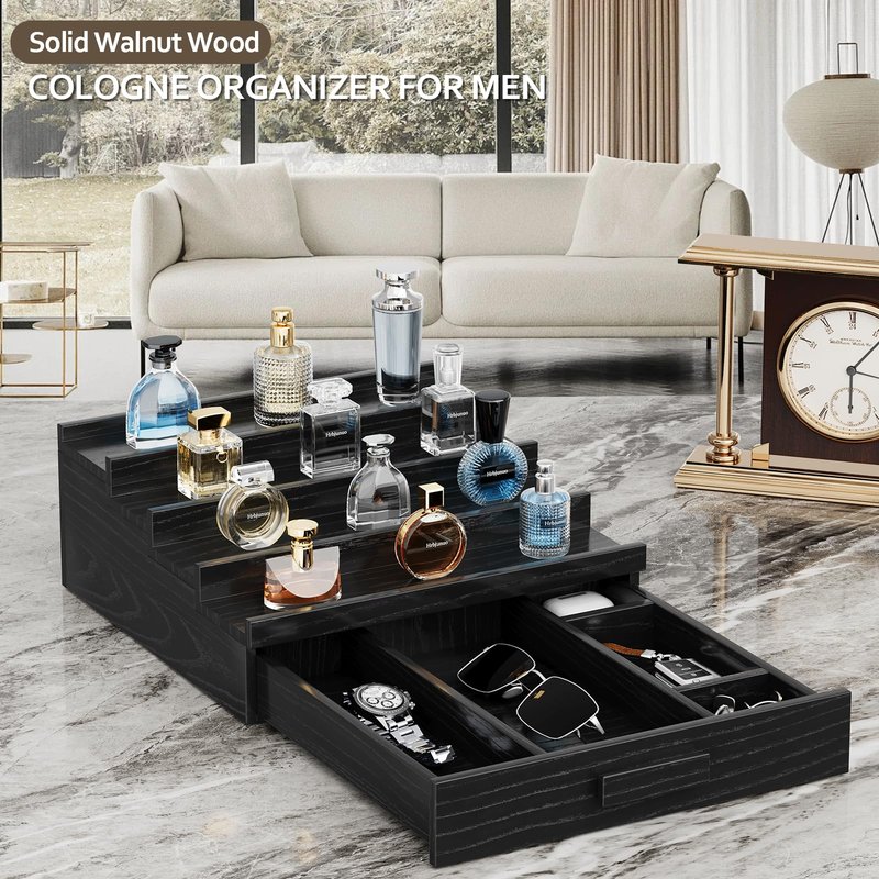 Hrbjunuo Solid Walnut Cologne Organizer for Men, 4 Tier Cologne Stand, Wooden Cologne Holder Display Shelf with Drawer Storage and Hidden Compartment, Black Perfume Stand Organizer, Gifts for Men