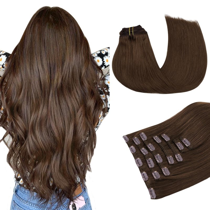 MAXITA Clip in Hair Extensions Real Human Hair,Remy Hair Extensions Clip ins Double Weft for Women,Natural Real Human Hair,16Inch 120g 7Pcs,Chocolate Brown