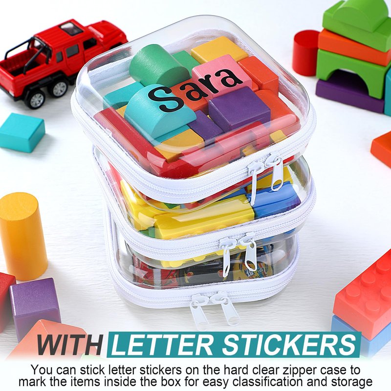 Qiyaz 12 Pcs Clear Hard Zipper Case Plastic Zipper Pouch with 5 Sheets Alphabet Stickers Double Toy Storage Organizer Makeup Case for Travel Building Blocks Puzzles Cosmetic(5 x 5 x 2”)