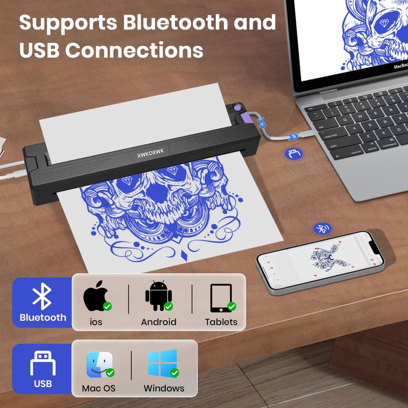 Tattoo Stencil Printer Machine for Tattoo Artists&Beginners,Newly Upgraded,with 3pcs Tattoo Transfer Paper,Compatible with Phone/Pc&Pad,Portable Thermal Inkless Bluetooth Wireless Printer