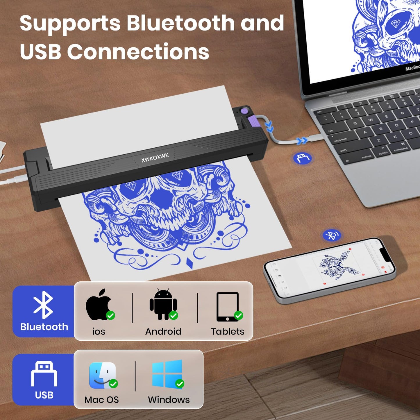 Tattoo Stencil Printer Machine for Tattoo Artists&Beginners,Newly Upgraded,with 3pcs Tattoo Transfer Paper,Compatible with Phone/Pc&Pad,Portable Thermal Inkless Bluetooth Wireless Printer