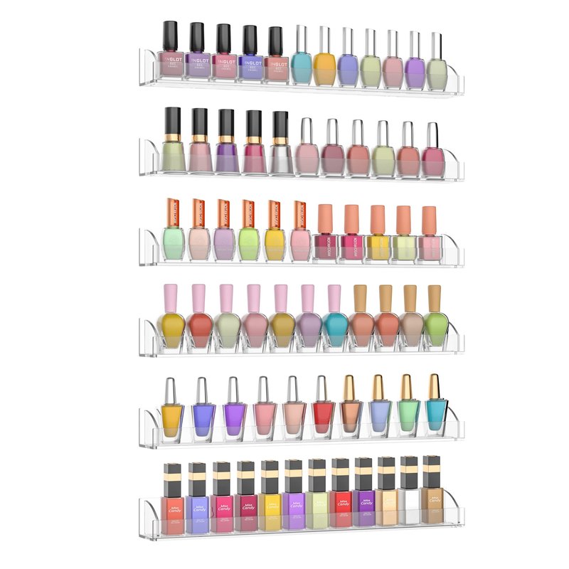 Hexsonhoma 15 Inch Acrylic Nail Polish Rack for Wall Set of 6, Wall Mounted Nail Polish Display Rack with End Caps, Nail Oranizer and Storage for Nail Tech, Hold Up to 90 Bottles (15 Inch)