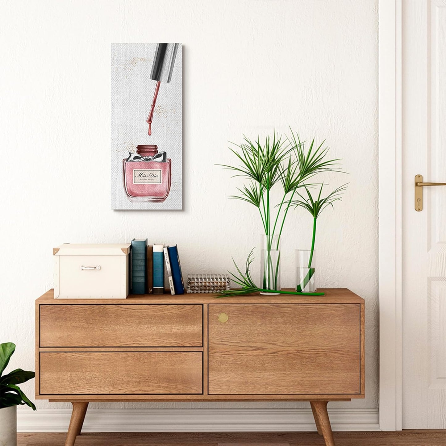 Makeup Nail Polish Brush Canvas Art - Pink & Silver Fashion Design | 13 x 30 Inches, Easy to Hang