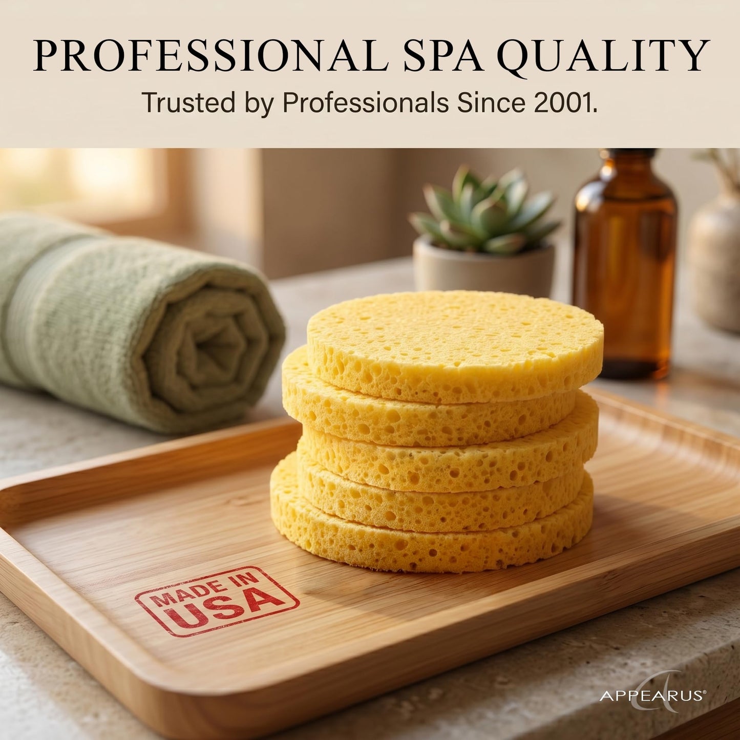 Appearus Natural Cellulose Facial Sponges – 50 Pack (Compressed) – Professional Spa Facial Sponge Pads for Cleansing, Exfoliating, Makeup Removal – Natural Yellow – Gentle on Sensitive Skin
