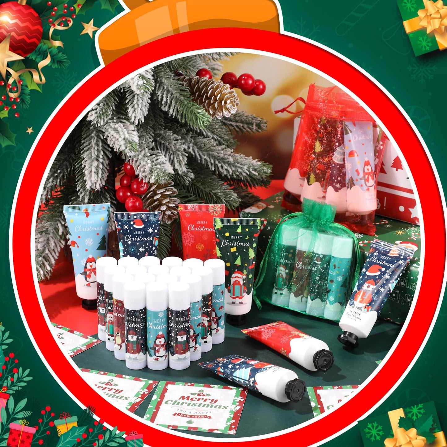 Heigble 12 Set Christmas Hand Cream Gift Set, Including Moisturizing Hand Lotion, Xmas Lip Balm, Gauze Bags, Thank You Cards Natural Fragrant Bulk Christmas Gifts for Coworkers Employees Stuffers