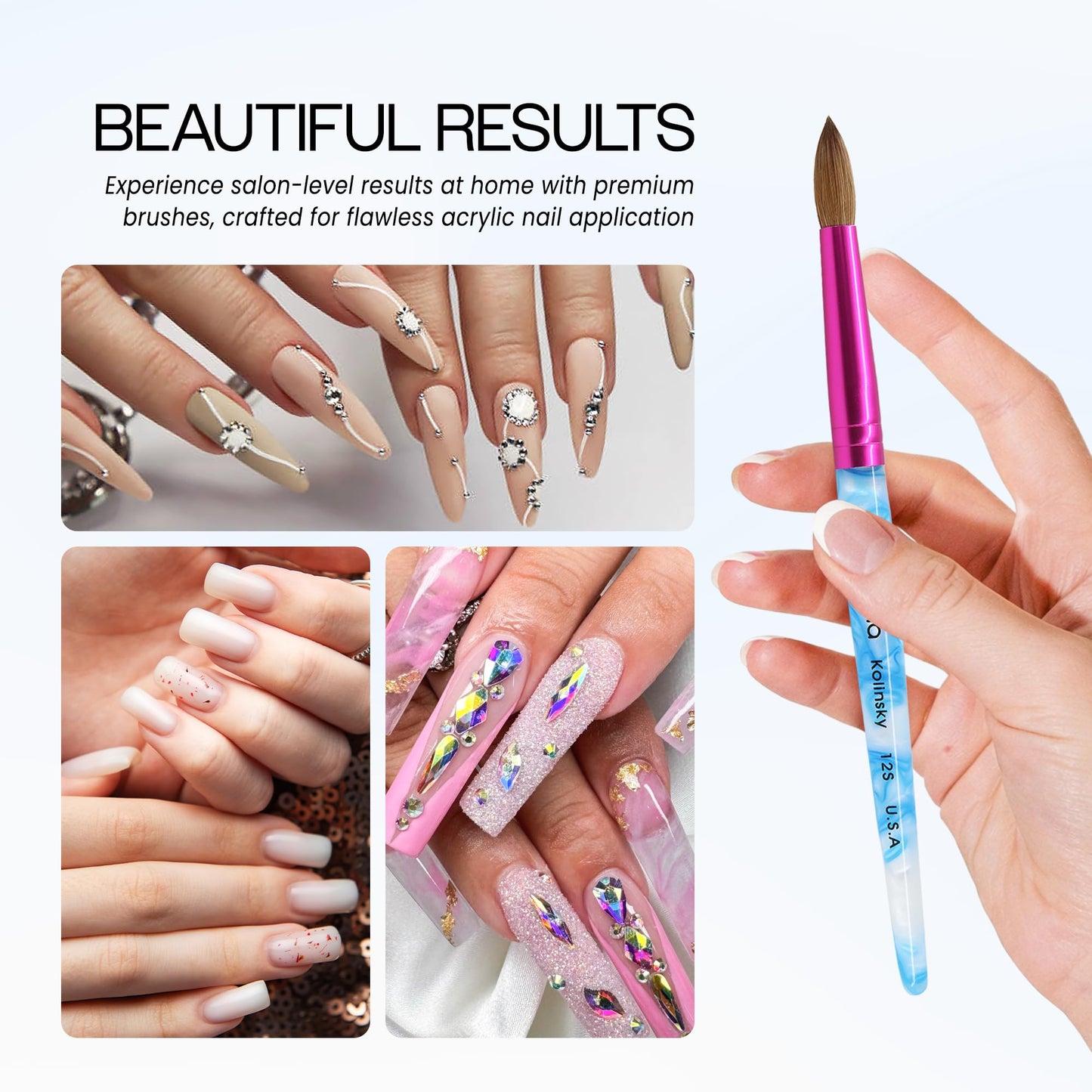PANA USA Acrylic Nail Brush Pure Kolinsky Hair Acrylic White Swirl Blue Handle with Pink Ferrule Round Shaped - Size 12
