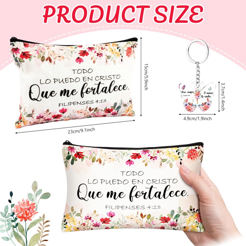 24 Pcs Spanish Christian Gift Set - 12 Women Makeup Bags Bulk & 12 Butterfly Keychains Inspirational Bible Verse Cosmetic Bags Religious Gifts for Women Regalos Religiosos Para Mujer En Español