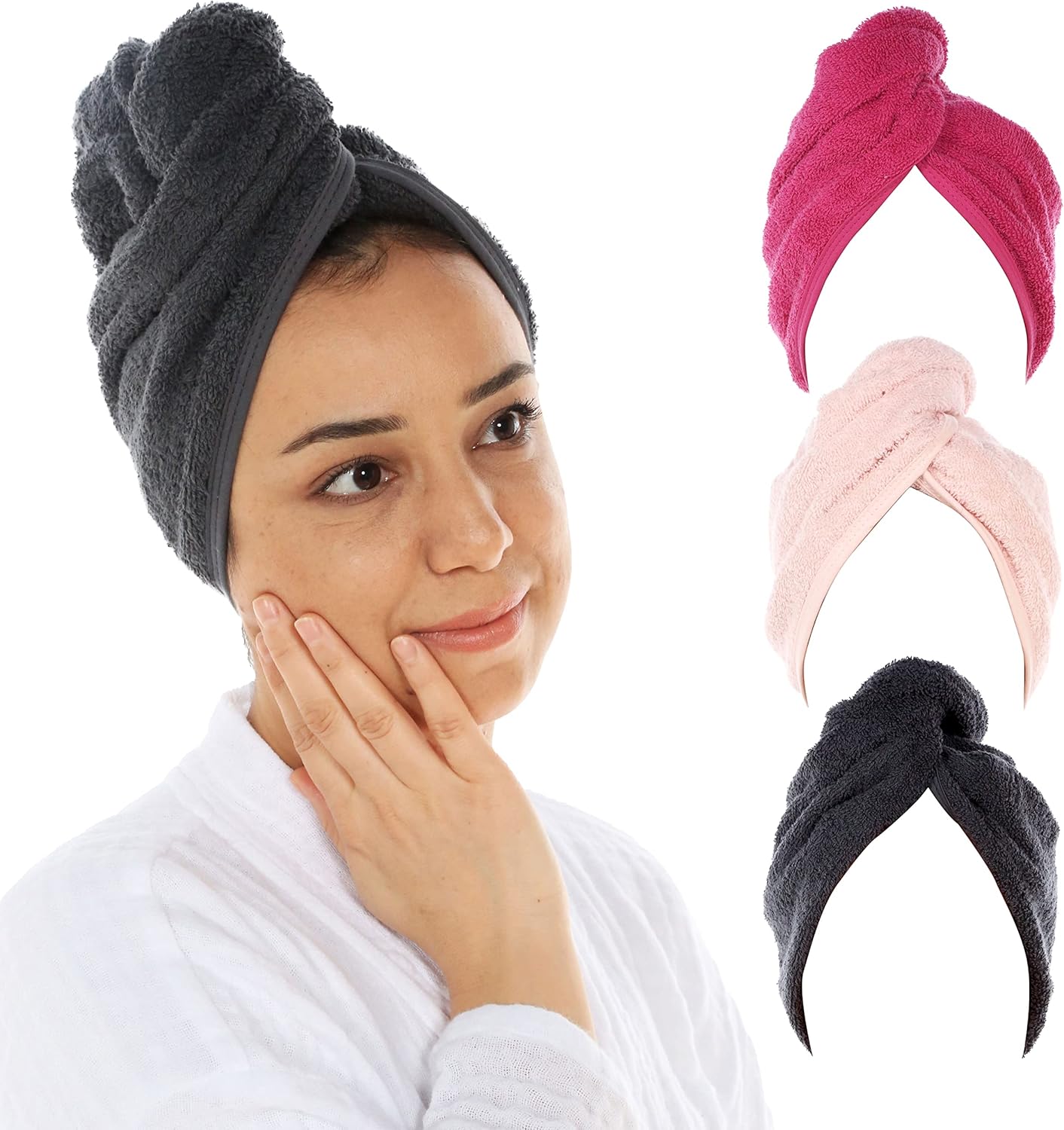Cacala Terry Cloth Shower Cap for Women - Luxurious Non-Frizz Hair Wraps | Highly Absorbent with Holding Loop & Buttons - 3pcs