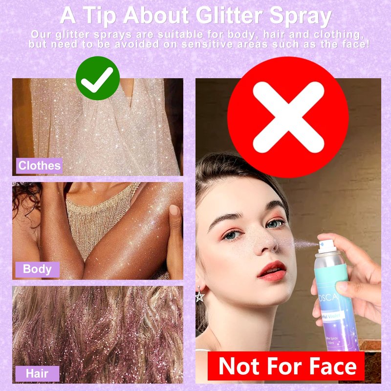 YOSCA Body Glitter Spray, 150ML Holographic Glitter Hairspray, Shiny Glitter Spray for Hair Body Clothes, Quick-Drying and Long-Lasting Shimmer Powder for Festival Music Concert Party Rave Accessories