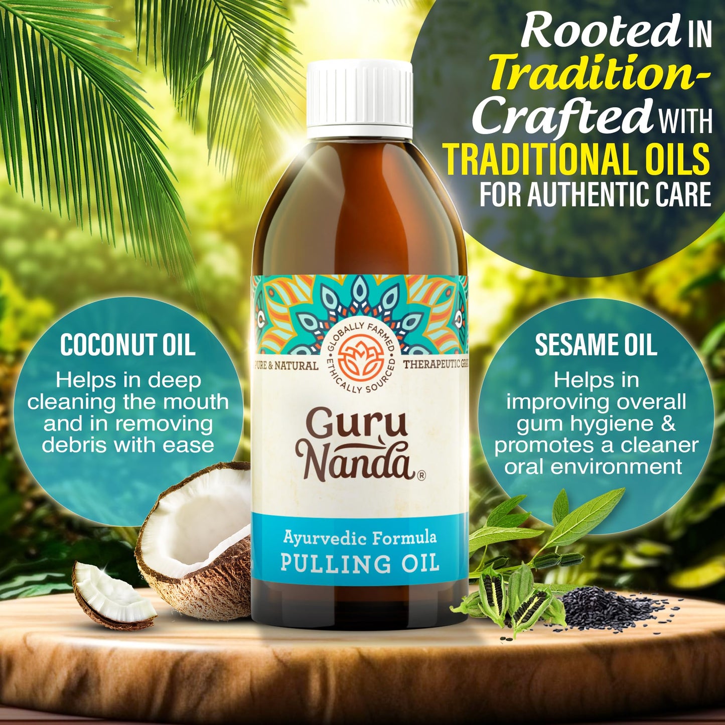 GuruNanda Original Oil Pulling Mouthwash, Promotes Deep Cleaning, With Coconut & Sesame for Teeth & Gum Health & Fresh Breath, ALcohol-free, 3X8.45 Fl Oz