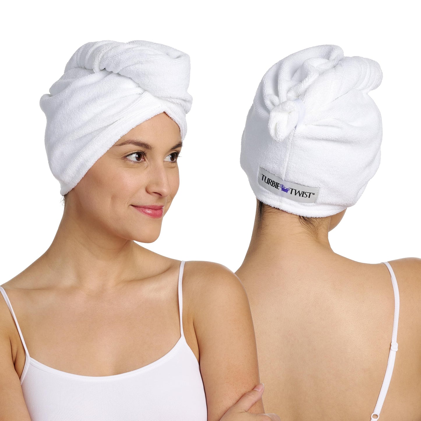 Turbie Twist 4-Pack Microfiber Hair Towel for Beauty, Travel, Gifting - Wrap Turban for Straight, Wavy & Curly Hair - Premium Personal Care (Grey, Blue, White, White)