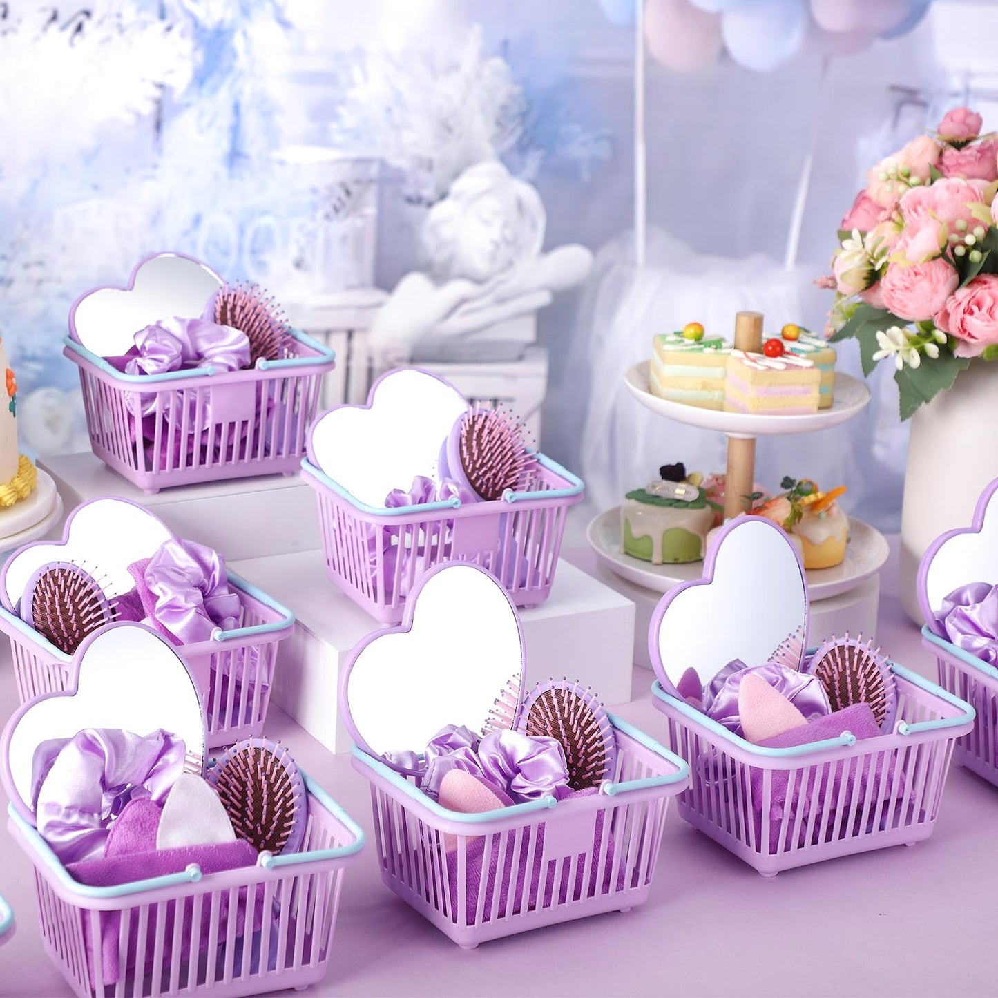 SiliFine 32 Pcs Spa Party Supplies Sleepover Party Favors with 8 Lovely Basket 8 Heart Shaped Mirror 8 Headbands 8 Satin Hair Scrunchies 8 Hair Brush for Spa Birthday Party Gift(Purple)
