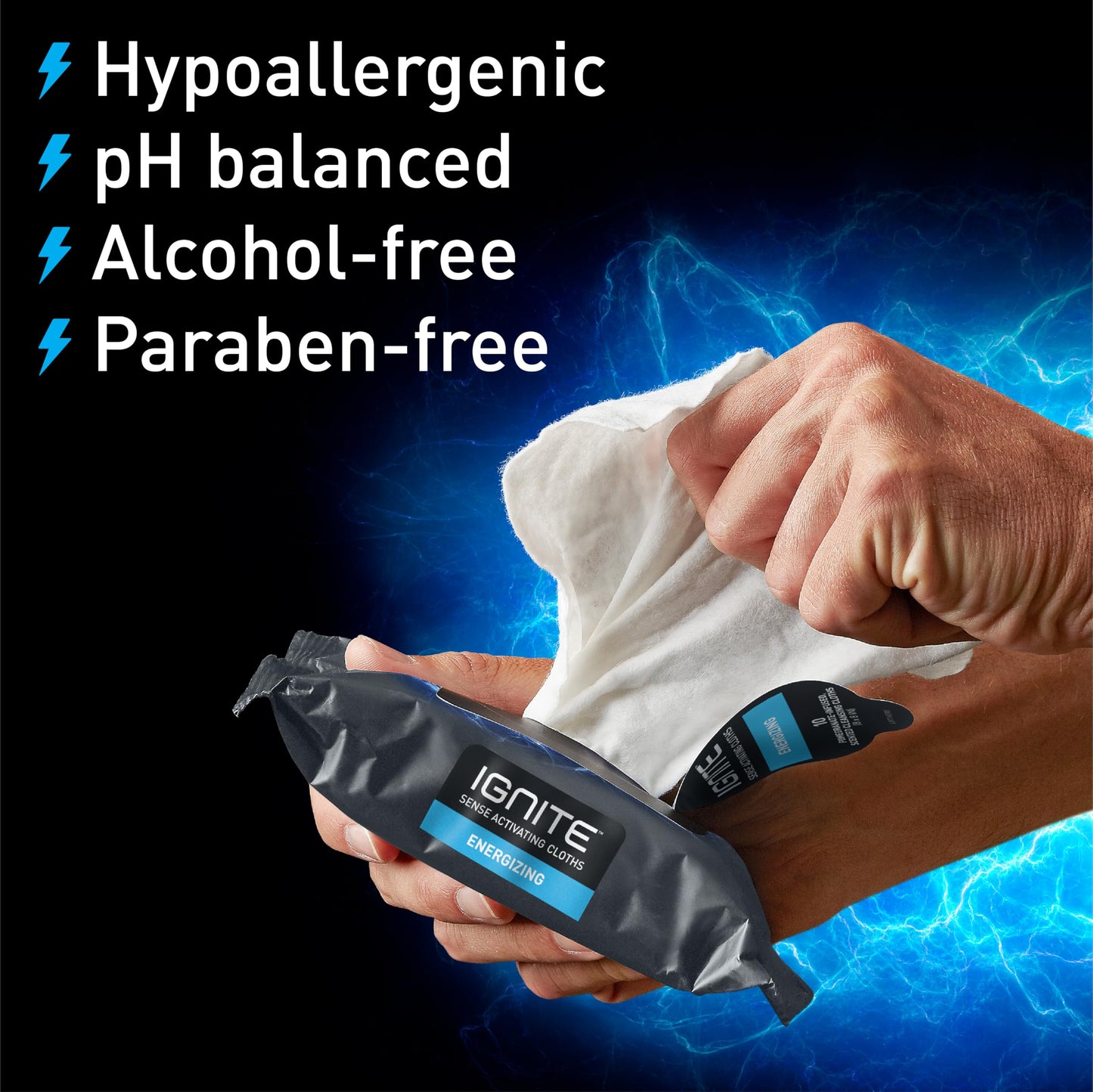 Ignite Mens Body Wet Wipes, Extra Thick 8" x 8" Shower Wipes, Energizing Scent, 10 Count (Pack of 5)