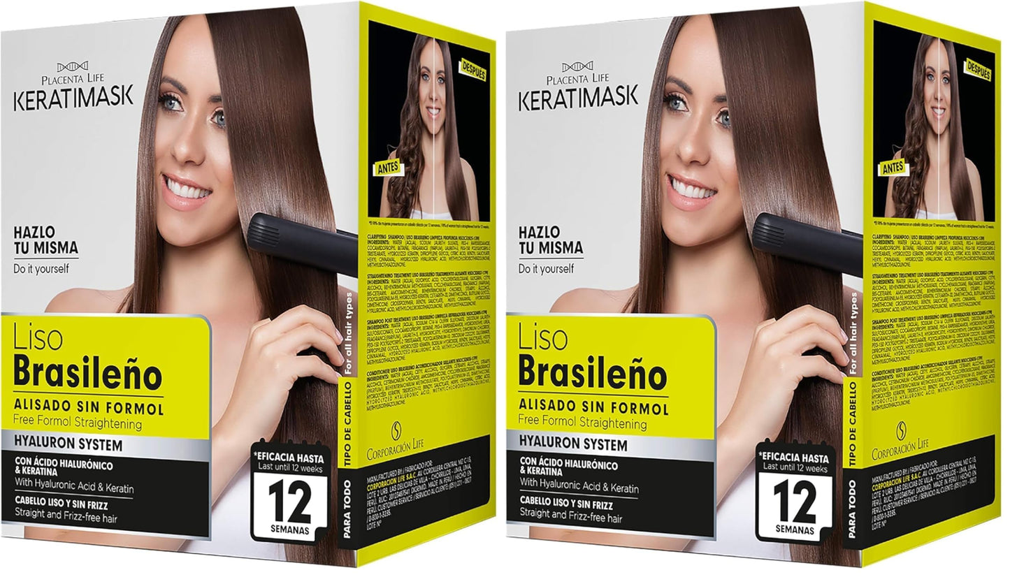 PLACENTA LIFE KERATIMASK Brazilian Straightening Kit with Keratin and Hyaluronic Acid - Keratin Treatment- Get a perfect smooth,shiny and silky- Formaldehyde FREE,(Pack of 2)