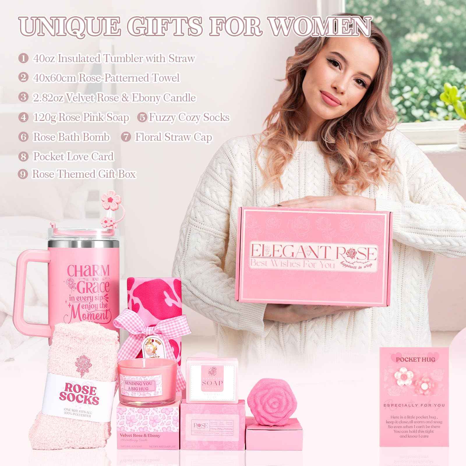 Self Care Gifts for Women Birthday Gift - Get Well Gifts Basket Thank You Gifts, Rose Relaxing Spa Gift Basket Self Care Package for Women Her Mom Friend Wife Sister Best Friend Coworker Nurse Teacher