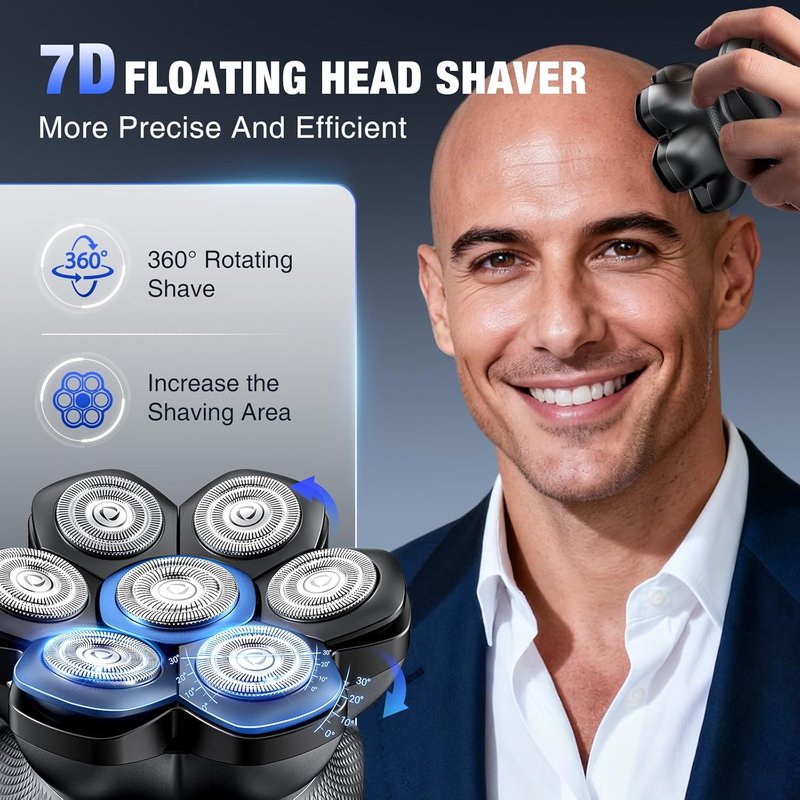 7D Head Shaver for Bald Men - Dual Speed Waterproof Electric Razor | Cordless, LED Display, Gray