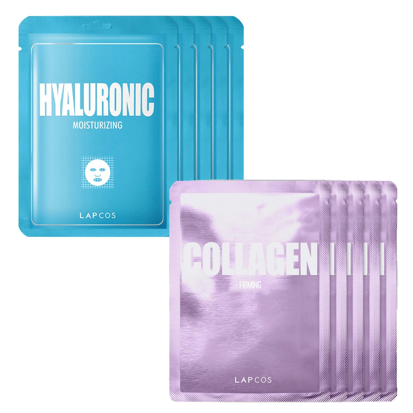 LAPCOS K Beauty Hyaluronic Acid and Collagen Sheet Mask Set, (10-Pack) Daily Sheet Masks with Hyaluronic Acid and Collagen, Anti-Aging Duo to Treat and Renew Skin, Korean Beauty Favorites