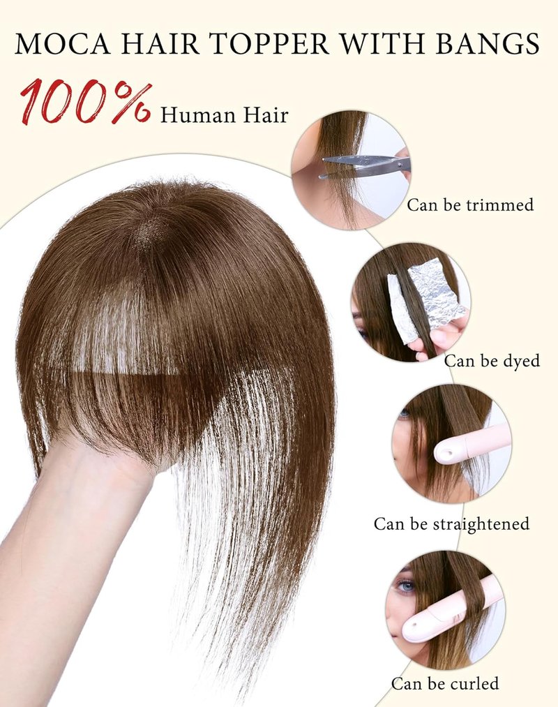 Real Human Hair Toppers for Women - 360° Clip-On Bangs for Daily Wear | 10 Inch Brown
