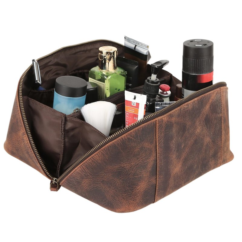 KomalC Luxury Leather Men’s Toiletry Travel Bag – Handmade Shaving Kit with Waterproof Interior, Spacious Storage & Carry Handle – leather travel Kit Bag for Men & Women (Dark Brown)