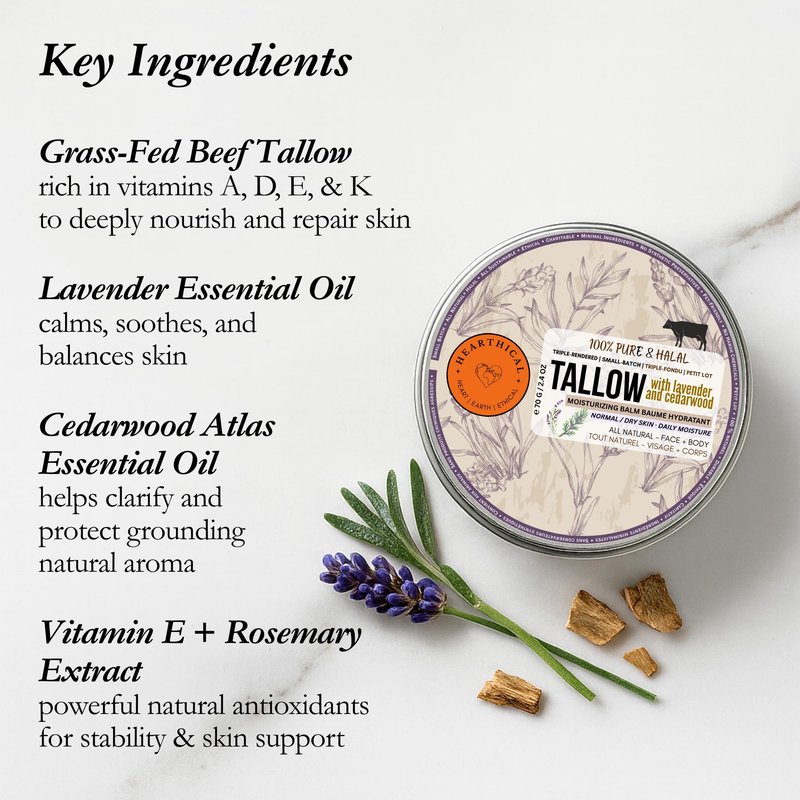 Hearthical Halal Grass Fed Beef Tallow For Skin – 70g Organic Beef Tallow Moisturizer – Beef Tallow Face Moisturizer & Beef Tallow Face Cream – Pure Beef Tallow Balm with Lavender & Cedarwood