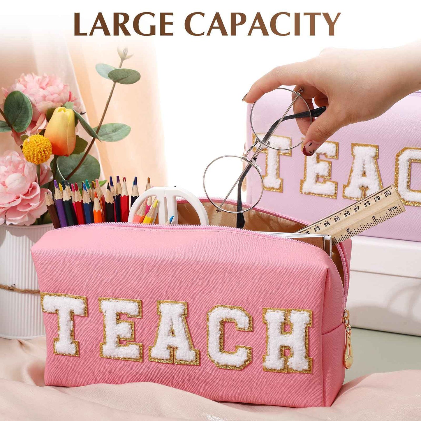 Chunful 9 Pieces Preppy Makeup Bag Bulk Chenille Letters Patch Cosmetic Bag PU Leather Waterproof Toiletry Travel Pencil Case Pouch for Women Traveling Purse (Colorful Color,Teach)