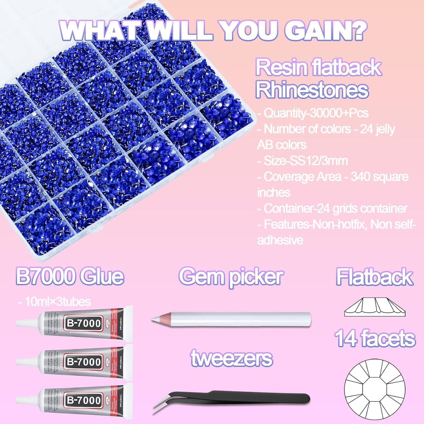 Jelly Rhinestones - 30,000+ Royal Blue Flatback Gems Kit | 2-6mm with 3Pcs B7000 Jewelry Glue for Crafts & Nail Art