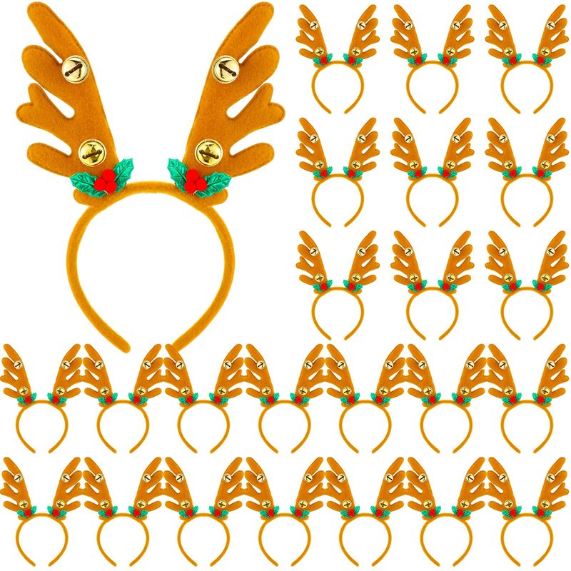 Riceshoot 24 Pcs Christmas Antler Headband Reindeer Headband Deer Plush Ear Antler Hair Hoop Beauty Accessory for Xmas Party(Golden Bell Style)