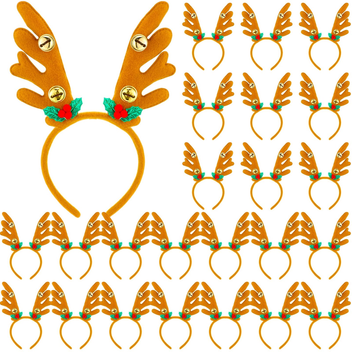 Riceshoot 24 Pcs Christmas Antler Headband Reindeer Headband Deer Plush Ear Antler Hair Hoop Beauty Accessory for Xmas Party(Golden Bell Style)