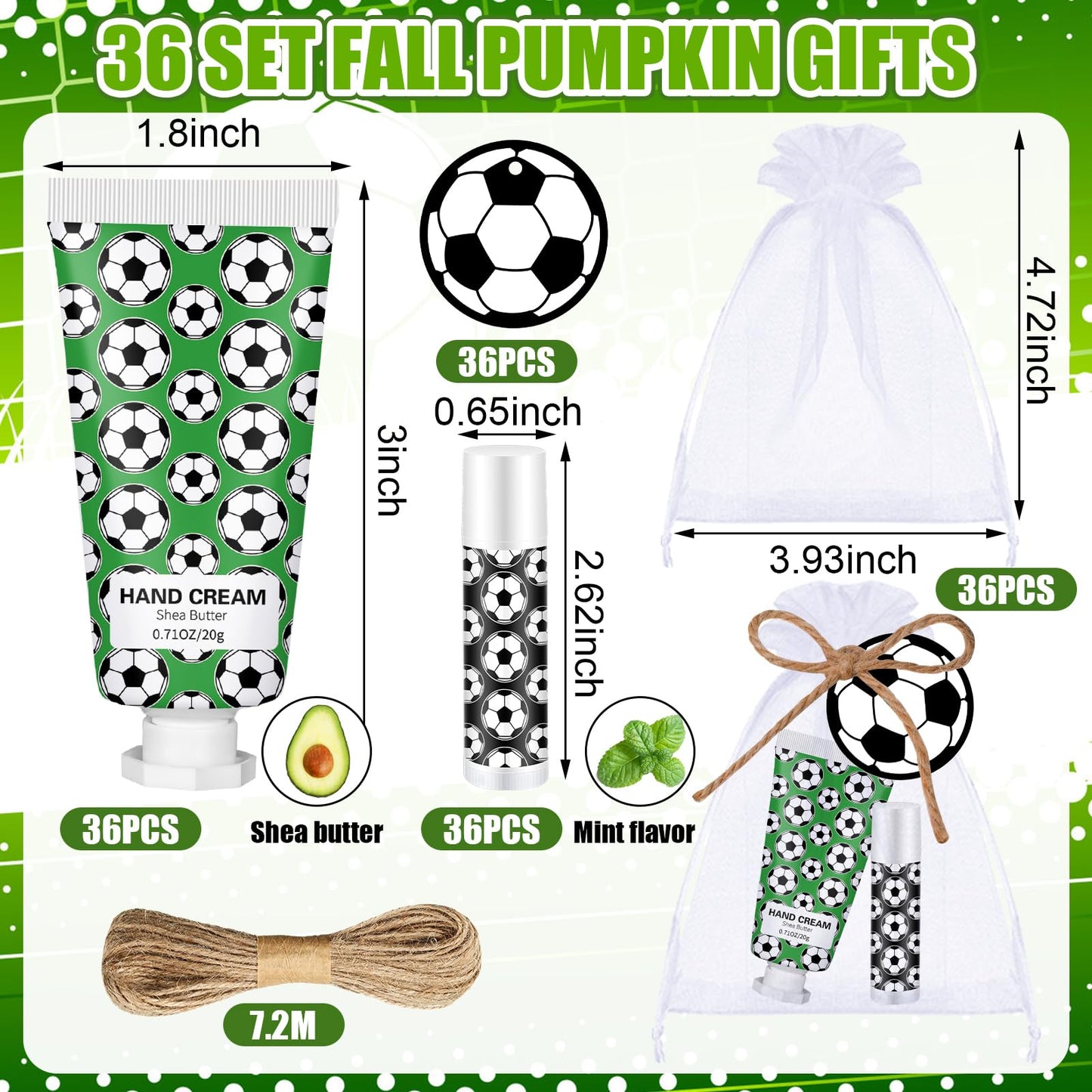 Heigble 144 Pcs Lip Balm Hand Cream Set Party Favors, Include 36 Lip Balm 36 Moisturizing Hand Cream 36 Bags 36 Cards and Ropes for Accessories Gifts(Black and Green,Soccer)
