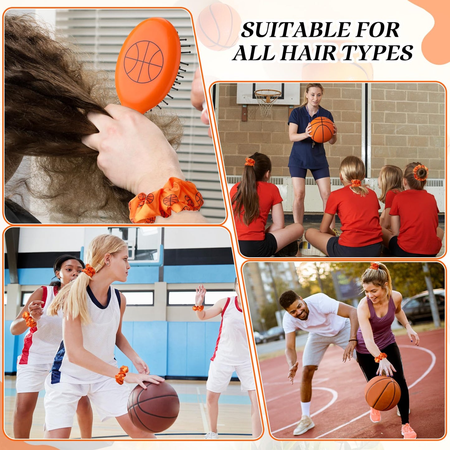 FineCheer 12 Sets Basketball Hair Ties and Hairbrushes Basketball Hair Scrunchie Mini Detangler Brush Sports Elastic Ponytail Holders Sports Party Favors Gift for Teams Women Girls Athlete