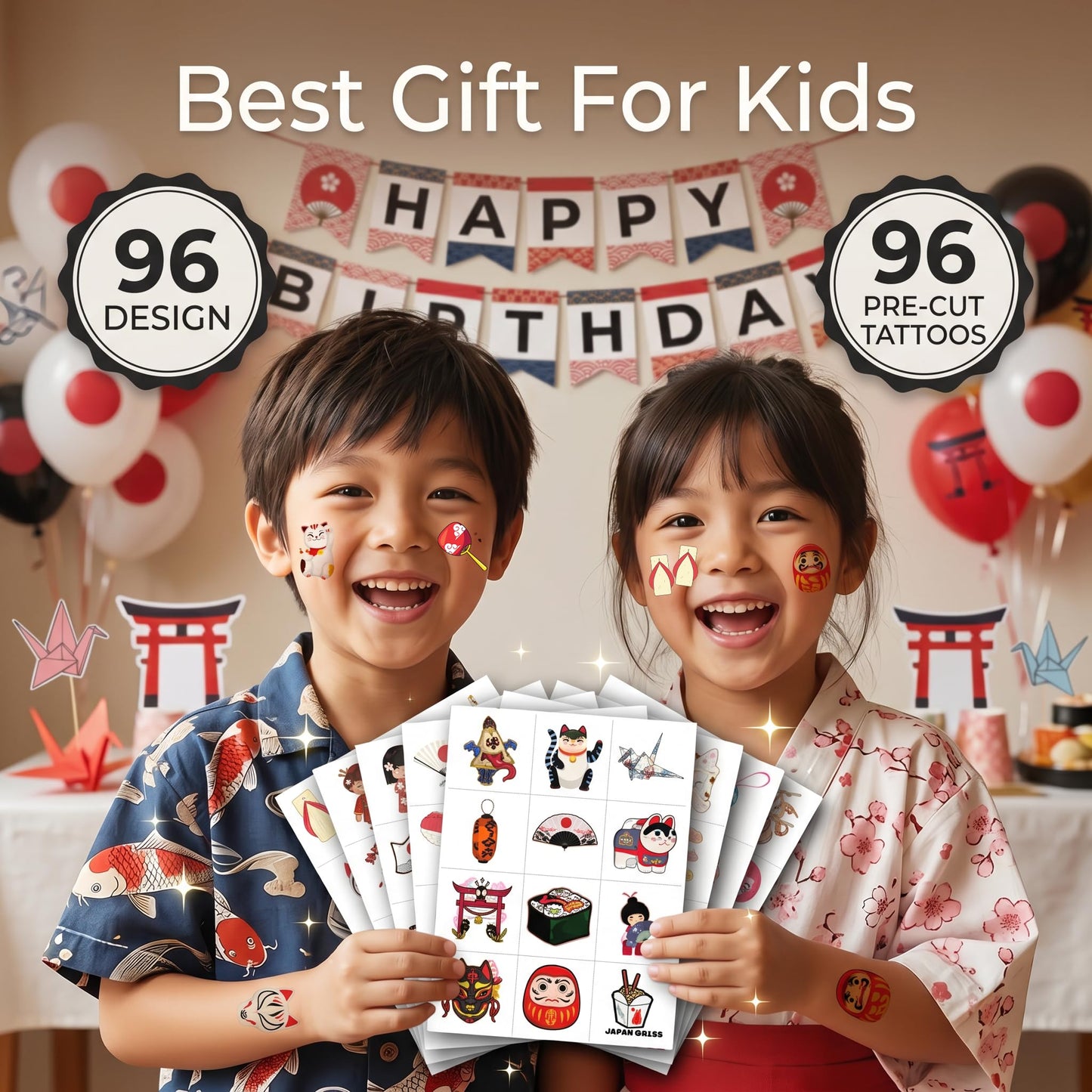 96PCS Japanese Temporary Tattoos Pre-Cut Themed Japan Birthday Party Decorations Decor Supplies Favors Sushi Lattern Tattoo Stickers Gifts For Boys Girls Kids School Prizes Carnival