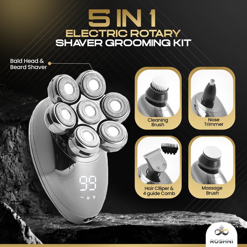 ROSHNI Head Shavers for Bald Men – 7D Electric Head Shaver with Magnetic Detachable Head, IPX7 Waterproof Wet & Dry, LED Display Rechargeable Razor for Men, Cordless Grooming Kit