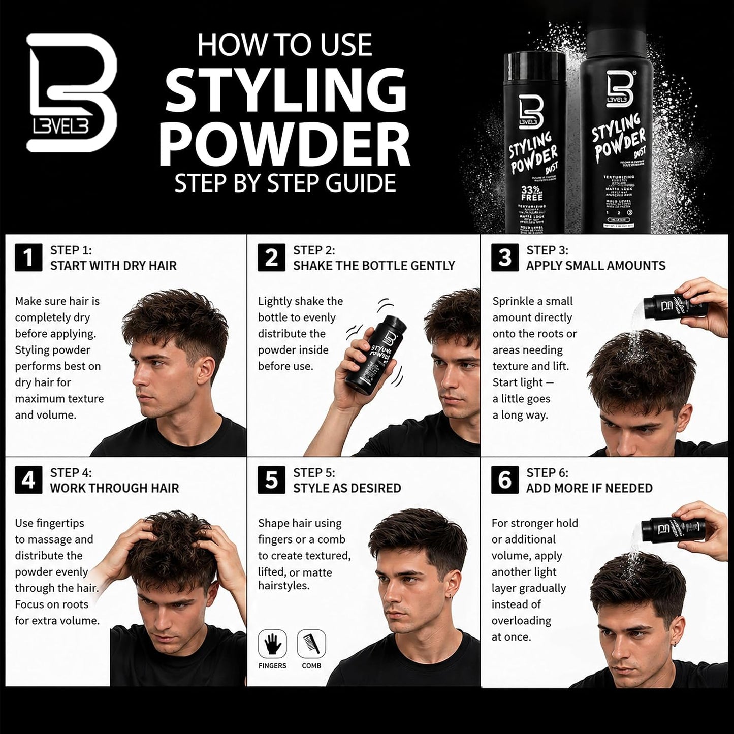 Level 3 Styling Powder - Natural Look Hair Powder for Men - Easy Application, No Greasy Residue | 60 Grams