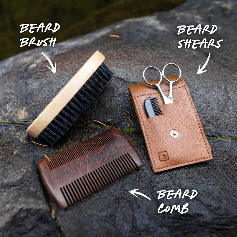 Every Man Jack Beard Grooming Kit - Sandalwood Beard Oil, Balm, Brush & Dual-Sided Comb | Complete Care Set