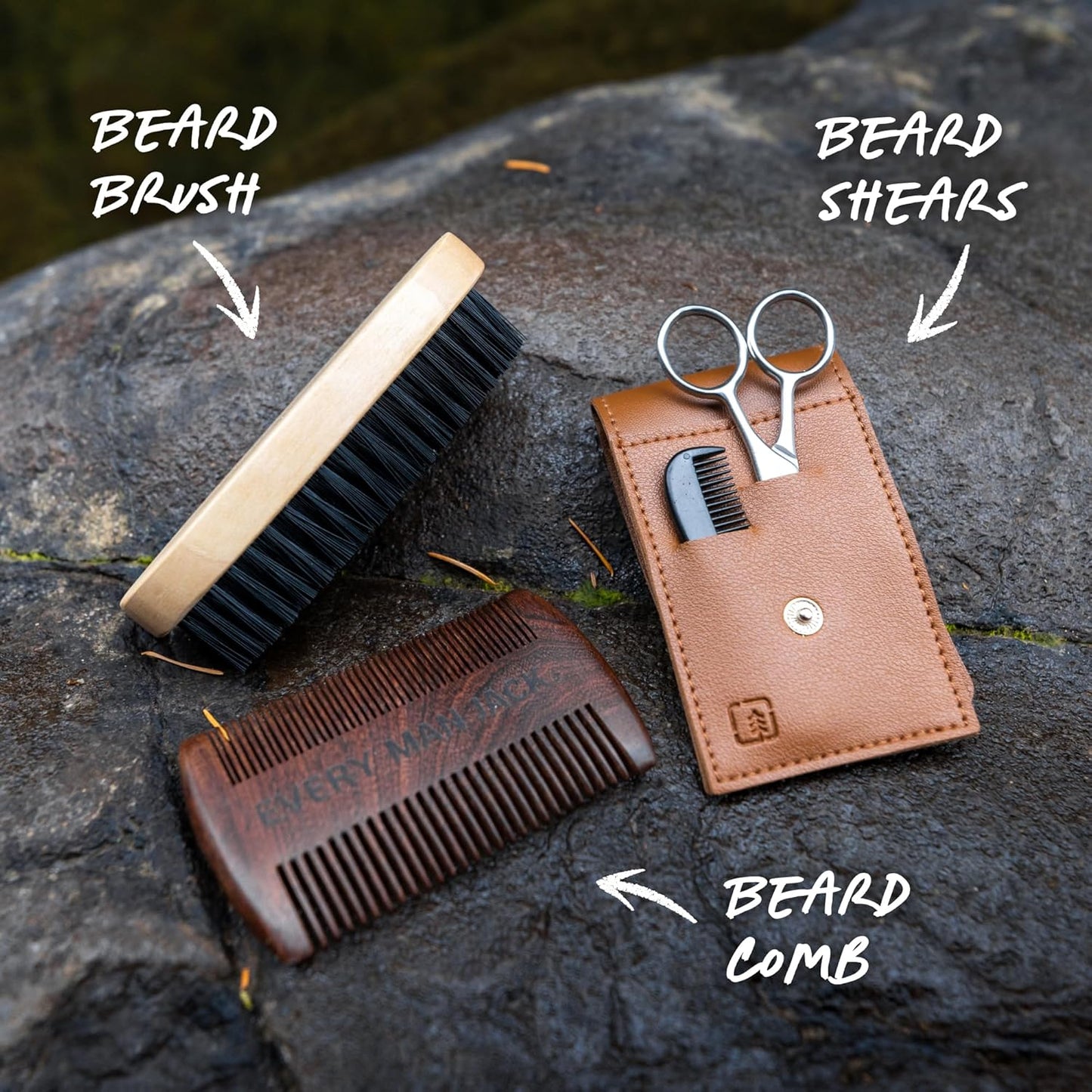 Beard Grooming Tool Gift Set for Men - Dual-Tooth Comb, Brush, Shears & Mini Comb | Travel-Friendly Essentials
