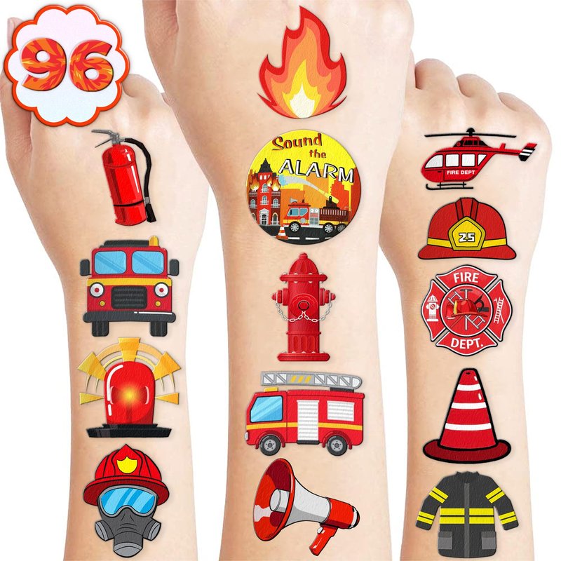 100 PCS Firetruck Temporary Tattoos for Kids - Firefighter Theme Birthday Party Supplies, Firehouse Stickers Favors & Decorations for Boys Girls School Rewards