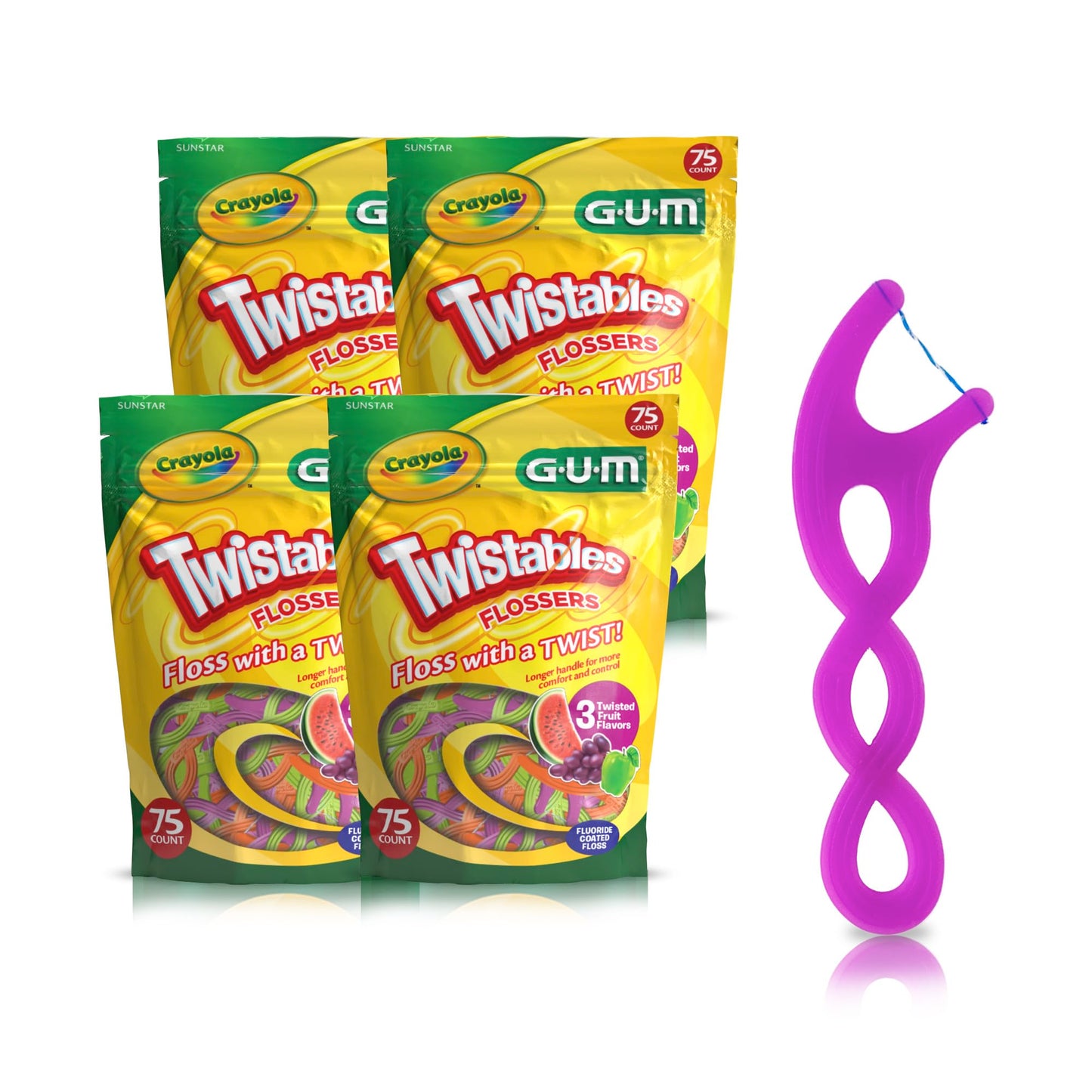 GUM Crayola Twistables Kids Flossers with Fluoride - Designed for Little Hands - Three Fun Fruit Flavors - Easy to Use Kids Floss Picks for Children Ages 3+, 75 ct (4pk)