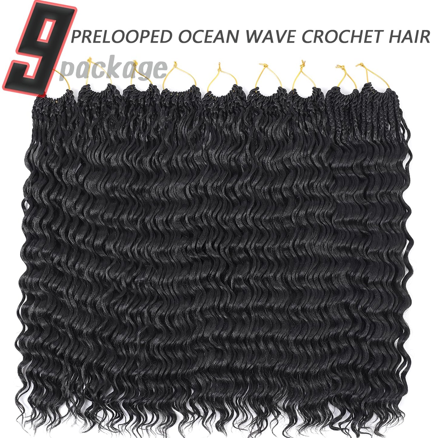 Ocean Wave Crochet Hair Pre Looped Curly Crochet Hair for Black Women Short Deep Wave Pre Looped Synthetic Crochect Hair 18 Inch 9 Packs (1B)