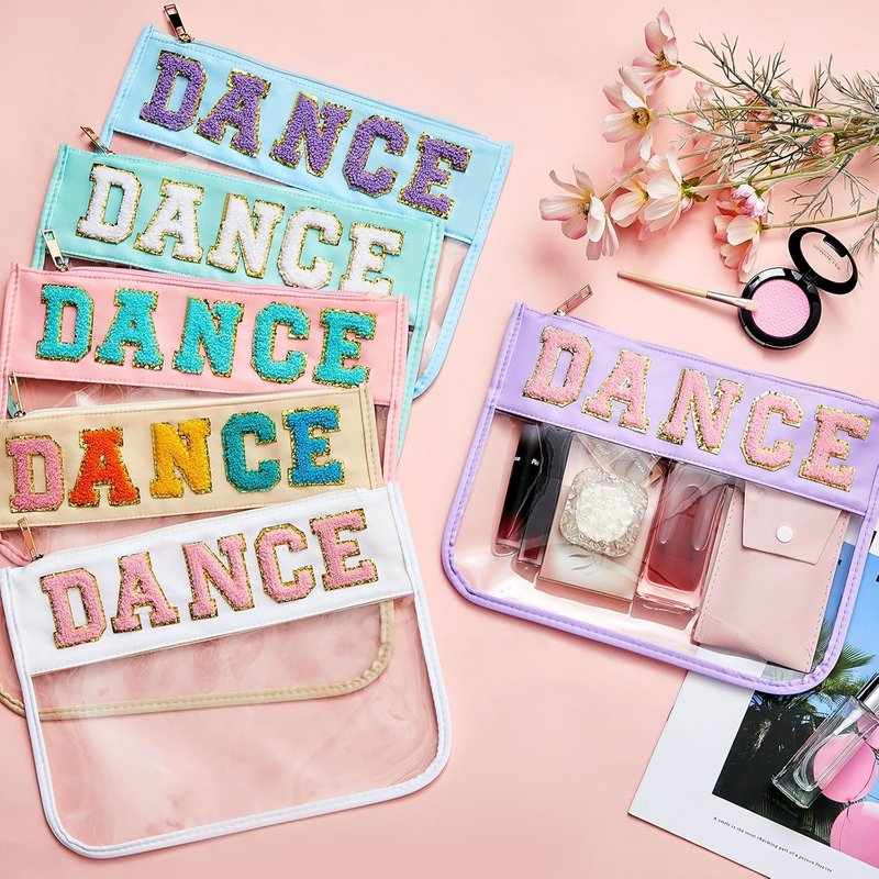Chenille Letter Dance Makeup Bags - 6 Pcs Waterproof PVC Cosmetic Organizer | Clear Portable Toiletry Pouch (Candy Color)
