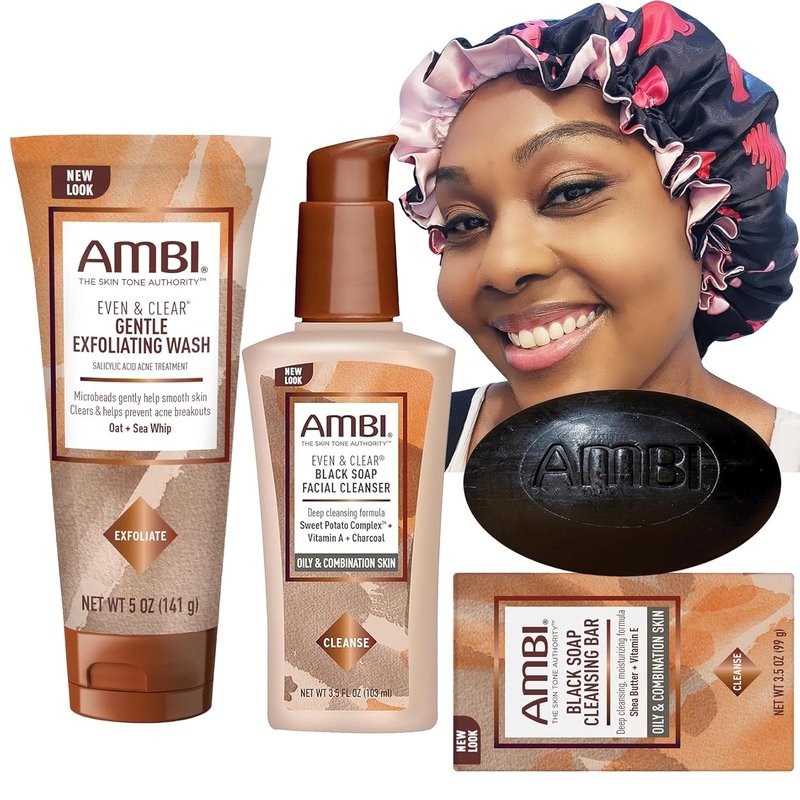 Facial Care Gift Set - Ambi Black Soap Cleansing Bar & Exfoliating Wash | Satin Bonnet Included