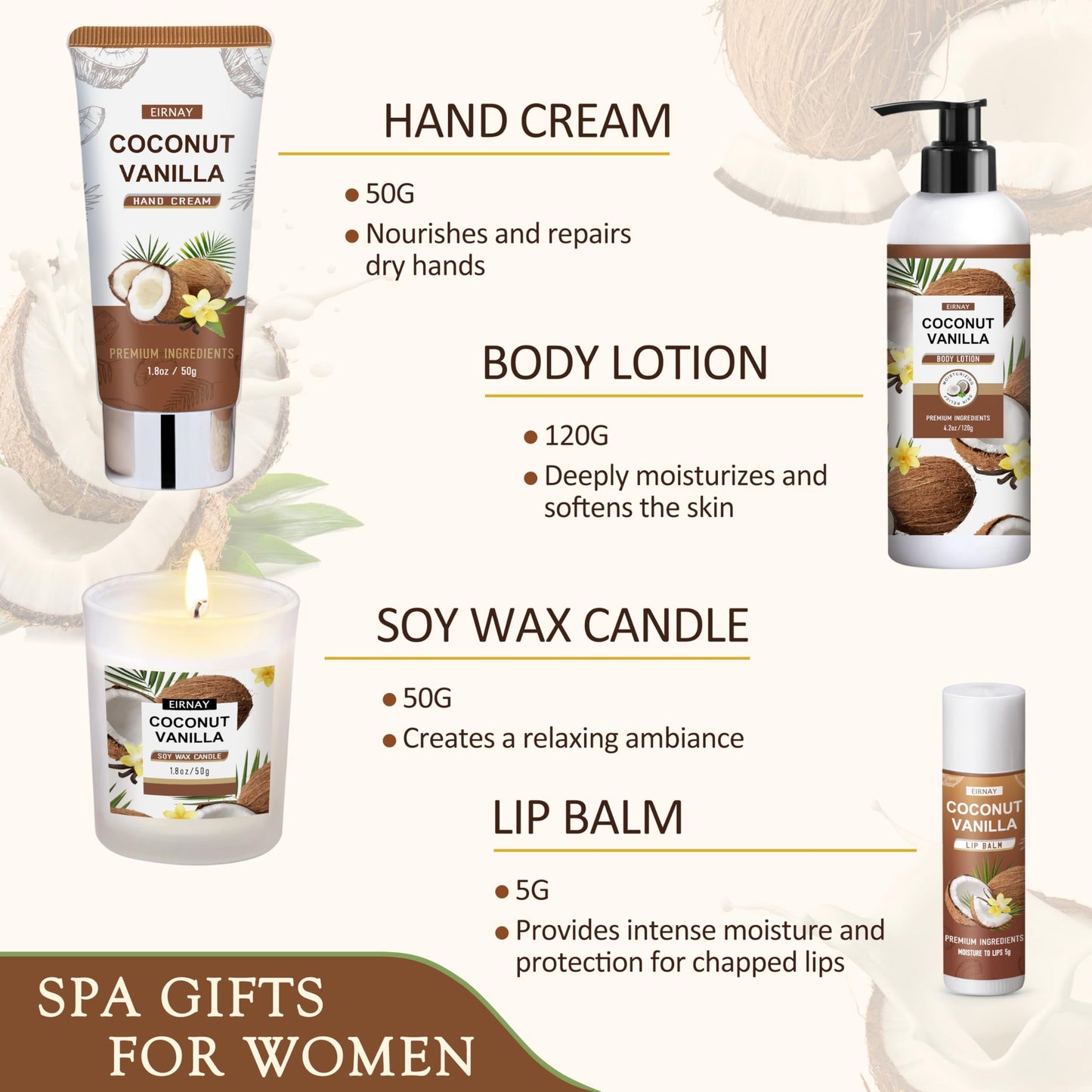 EIRNAY Mothers Day Gifts For Women - 16 PCS Birthday Gift Basket for Women Set of Coconut Vanilla Self Pampering Set, Includes Luxurious Home Spa Shower Gel Bubble Bath