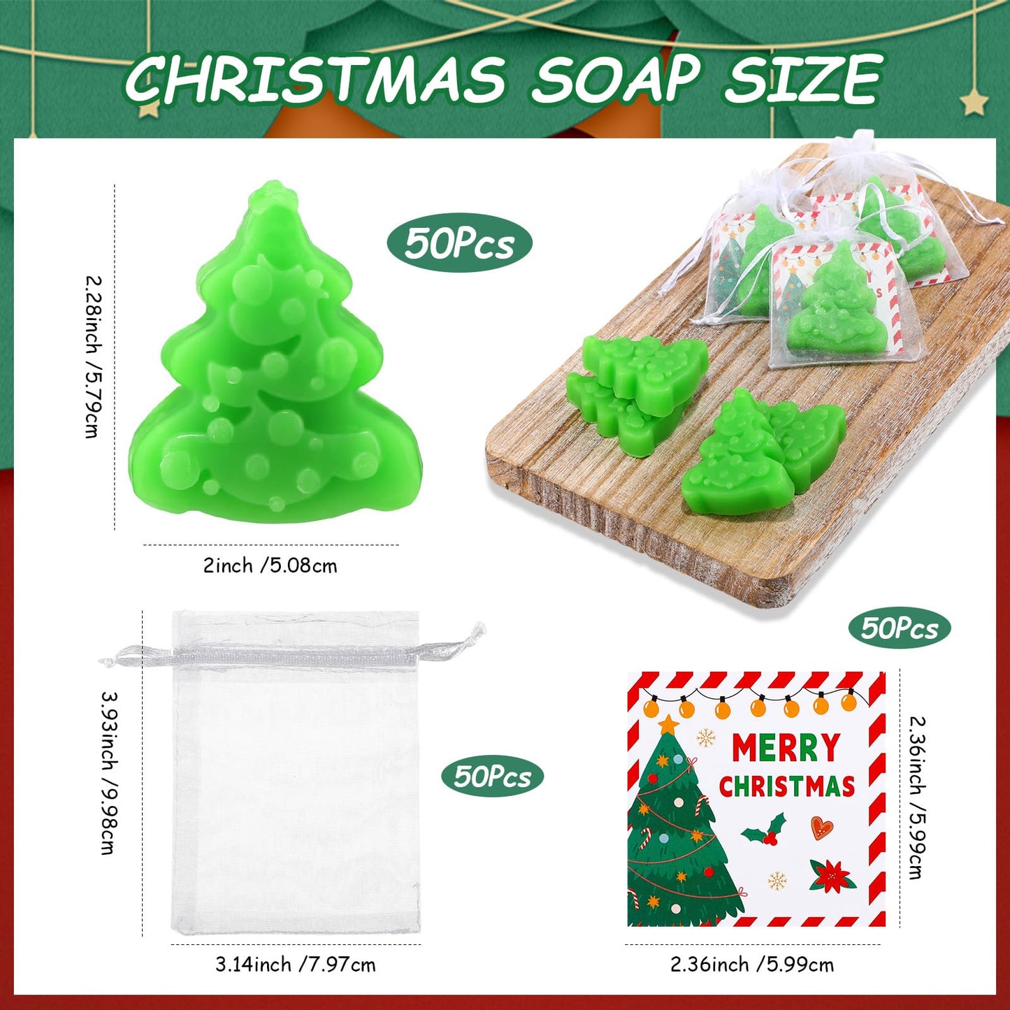 Leelosp 50 Sets Christmas Tree Soap Bar Gift Bulk Christmas Handmade Soaps with Card and White Organza Bags for Xmas Party Favors Gifts for Guests