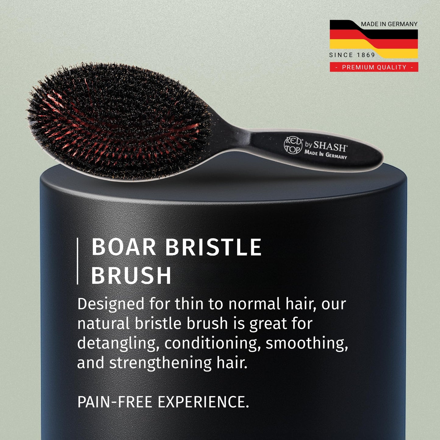 SHASH 100% First Cut Boar Bristle Hair Brush, Suitable For FINE TO THIN HAIR TYPES ONLY - Naturally Conditions Hair, Improves Texture, Exfoliates, Stimulates, Made in Germany (Black, Large)