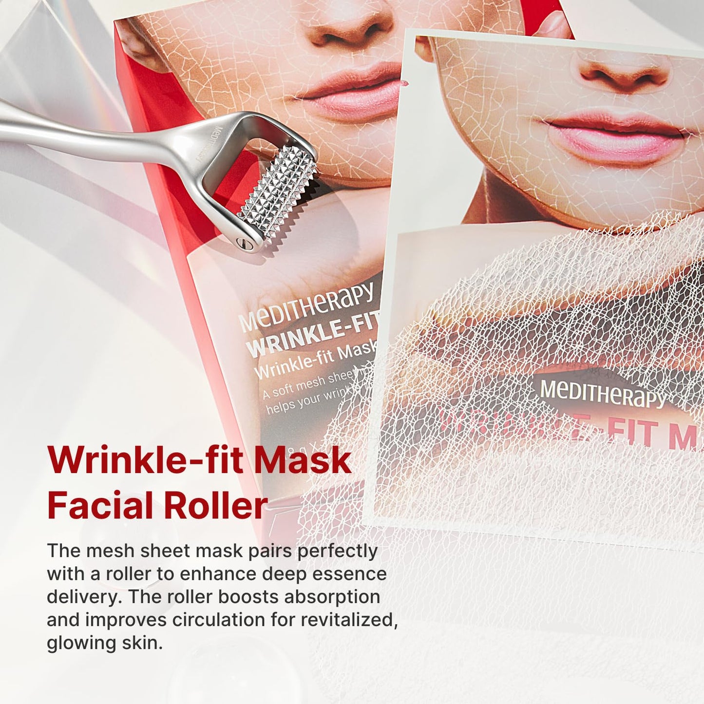MEDITHERAPY Wrinkle-fit Neck Mask & Wrinkle-fit Face Mask + Facial Roller - Neck Wrinkle Patches, Neck Firming and Tightening Korean Deep Collagen Mask - Mesh Sheet Mask for Lifting Sagging Skin