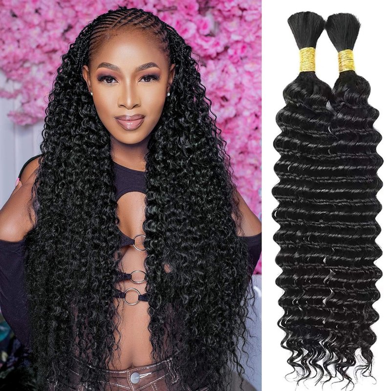 Deep Wave Bulk Human Braiding Hair - 100% Brazilian Virgin Hair for Knotless Braids | 18 Inch, 1B Color, 100g